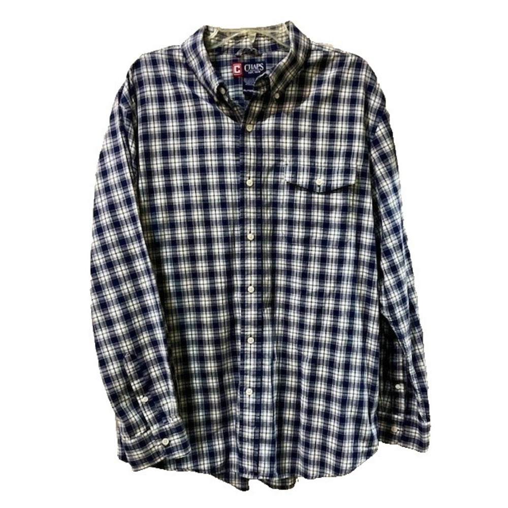 Men's Chaps Shirt‎ Size XL Navy Blue & White Plaid Long Sleeve